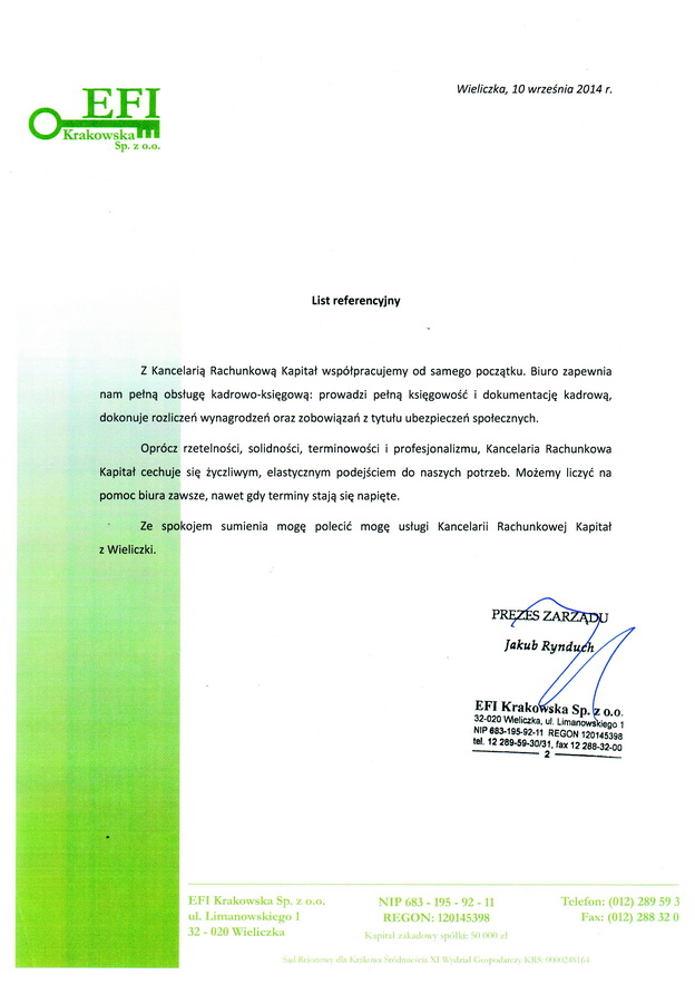 List referencyjny EFI Krakowska dla KR Kapita w Wieliczce